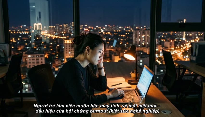 Người trẻ làm việc muộn bên máy tính, vẻ mặt mệt mỏi – dấu hiệu của hội chứng burnout (kiệt sức nghề nghiệp)
