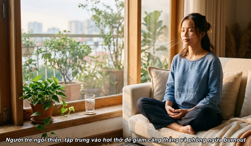 Người trẻ ngồi thiền, tập trung vào hơi thở để giảm căng thẳng và phòng ngừa burnout