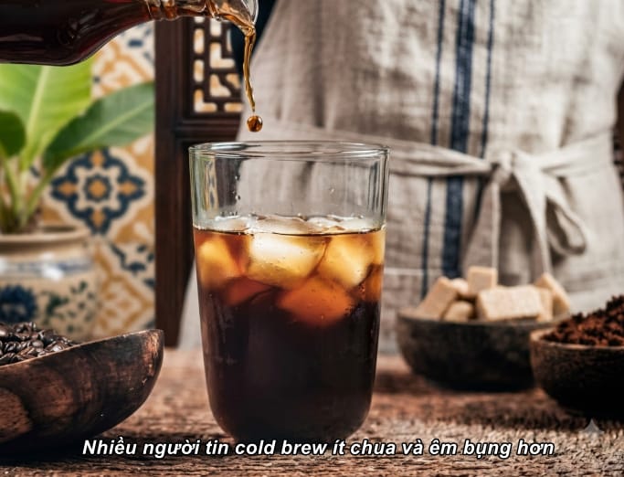 Ly cà phê ủ lạnh cold brew với đá viên trong ly thủy tinh