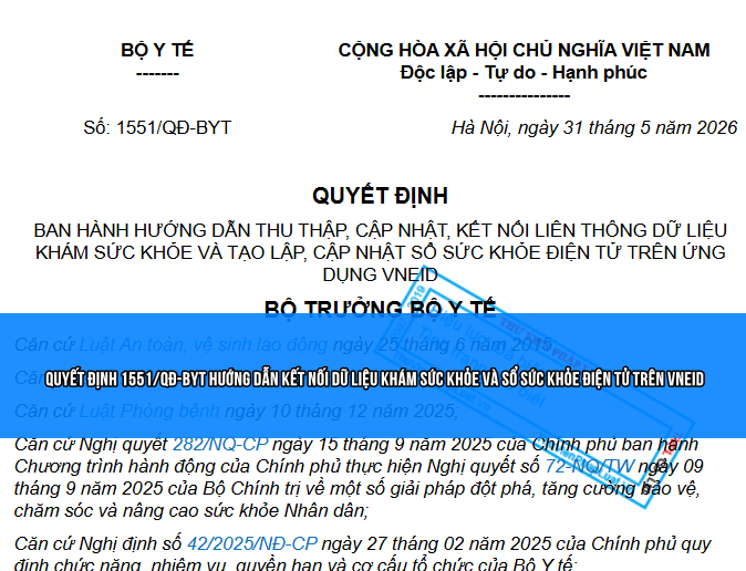 Quyết định 1551/QĐ-BYT hướng dẫn kết nối dữ liệu khám sức khỏe và Sổ Sức khỏe điện tử trên VNeID
