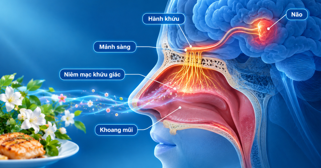 Sơ đồ cấu tạo khứu giác: khoang mũi, niêm mạc khứu giác, mảnh sàng, hành khứu và não