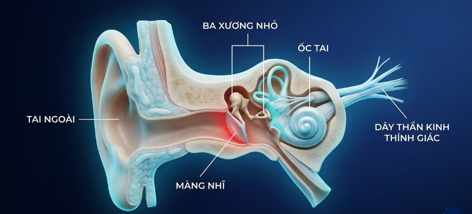 Sơ đồ cấu tạo tai: tai ngoài, màng nhĩ, ba xương nhỏ, ốc tai, dây thần kinh thính giác