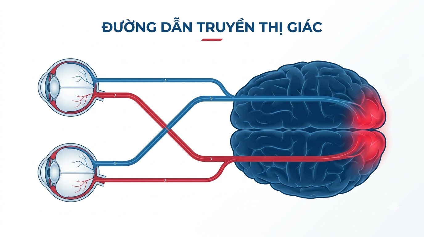 Sơ đồ đường dẫn truyền thị giác từ võng mạc, dây thần kinh thị giác, giao thoa thị giác đến vỏ não thị giác
