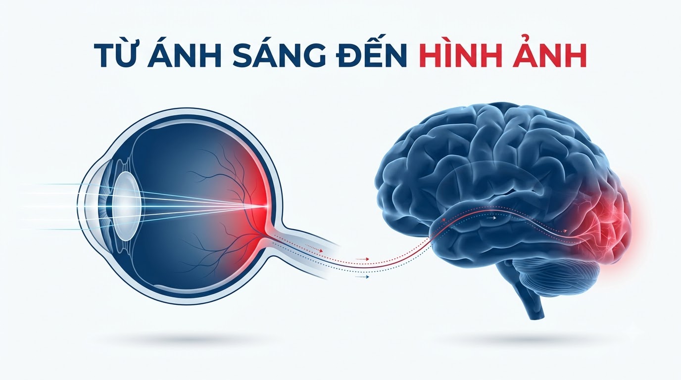 Minh họa thị giác: mắt thu nhận ánh sáng và não bộ xử lý hình ảnh