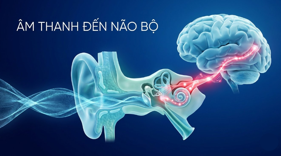 Minh họa thính giác: sóng âm đi vào tai và tín hiệu truyền lên não bộ