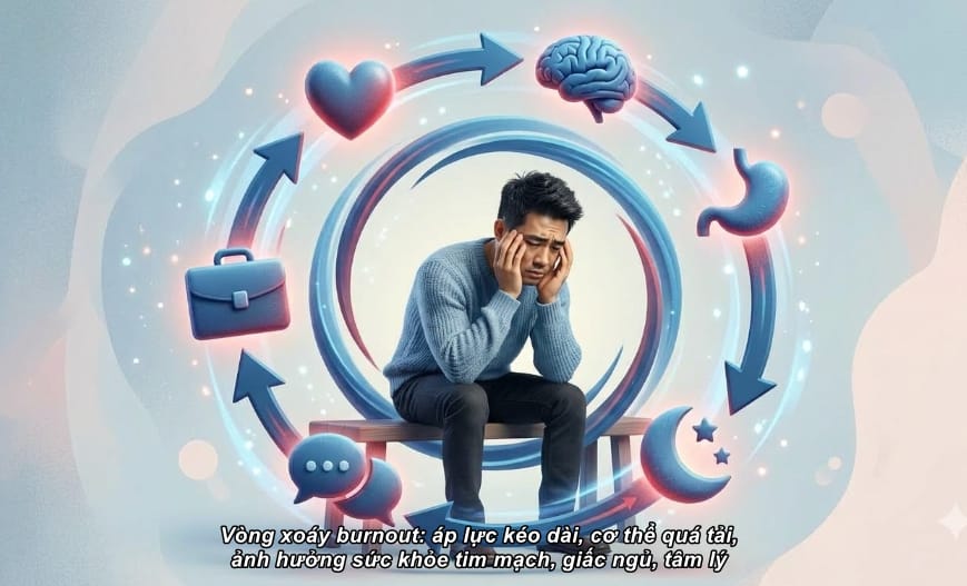 Minh họa vòng xoáy burnout: áp lực kéo dài, cơ thể quá tải, ảnh hưởng sức khỏe tim mạch, giấc ngủ, tâm lý